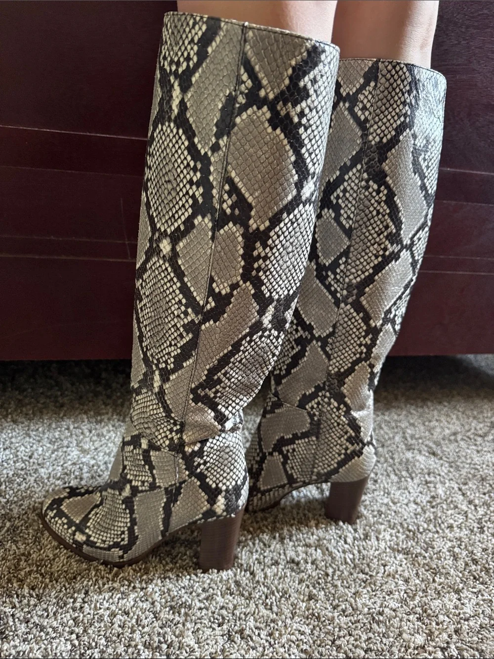 J. Crew Gray and Black Snake-Print Over-The-Knee Boots